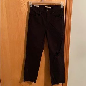 High rise straight black ripped jeans